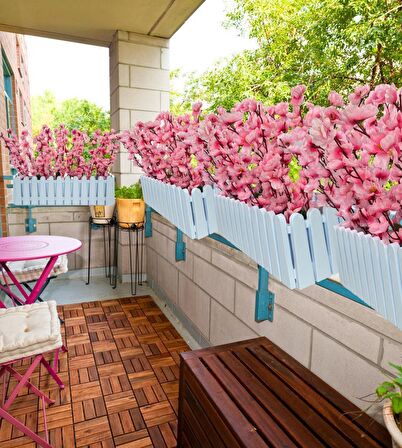 Yapay Çiçek Beyaz Çit Balkon Saksısı Pembe Bahardalı 55*20cm
