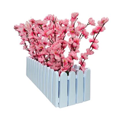 Yapay Çiçek Beyaz Çit Balkon Saksısı Pembe Bahardalı 55*20cm