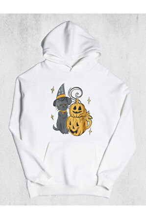 Unisex Cat Halloween Kapüşonlu Sweatshirt