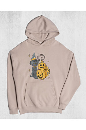 Unisex Cat Halloween Kapüşonlu Sweatshirt