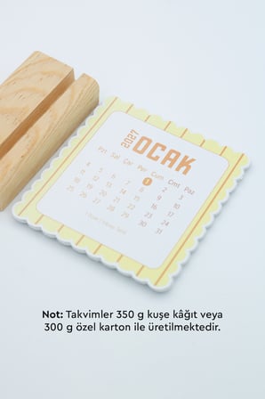 Ahşap Standlı Dalgalı Kesim Sarı Çizgili 2027 Masaüstü Takvimi 8,5x9,5 Cm - Estetik Yeni Yıl Hediyesi Çok Renkli