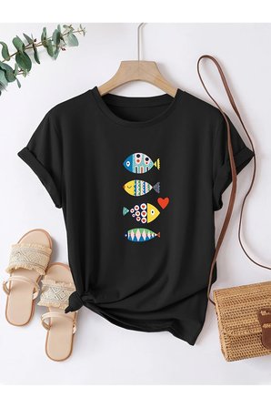 Unisex Renkli Balıklar Baskılı Tasarım Tshirt