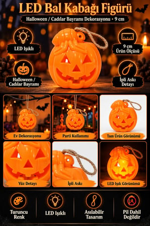 LED Bal Kabağı Figürü 9 Cm Turuncu Halloween Cadılar Bayramı Asılabilir Dekoratif Parti Süsü
