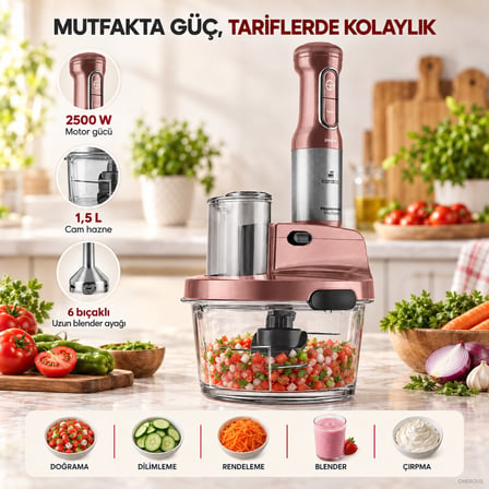 Karaca 2500 W Güçlü 6’sı 1 Arada Cam Hazneli Mutfak Robotu, 25 cm Uzun Altı Bıçaklı Blender Ayağı