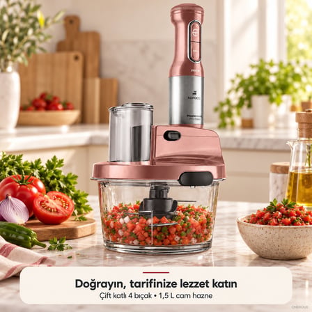 Karaca 2500 W Güçlü 6’sı 1 Arada Cam Hazneli Mutfak Robotu, 25 cm Uzun Altı Bıçaklı Blender Ayağı