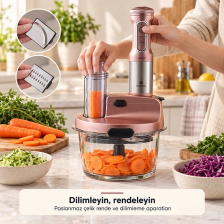 Karaca 2500 W Güçlü 6’sı 1 Arada Cam Hazneli Mutfak Robotu, 25 cm Uzun Altı Bıçaklı Blender Ayağı