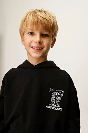 Jena Erkek Çocuk Happy Moment Kapüşonlu Sweatshirt 4-8 Yaş Siyah
