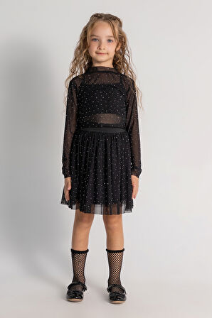 Dmb Kız Çocuk Taşlı Tül Etekli Takım 4-9 Yaş Siyah