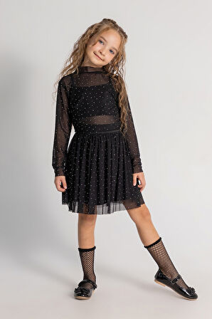 Dmb Kız Çocuk Taşlı Tül Etekli Takım 4-9 Yaş Siyah