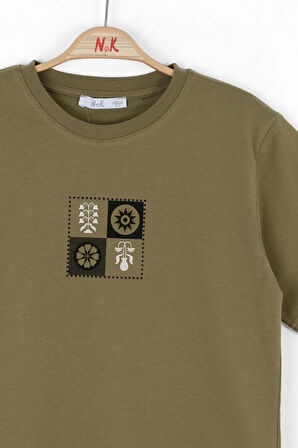 Nk Erkek Çocuk Motif Desen Tshirt 8-14 Yaş Haki