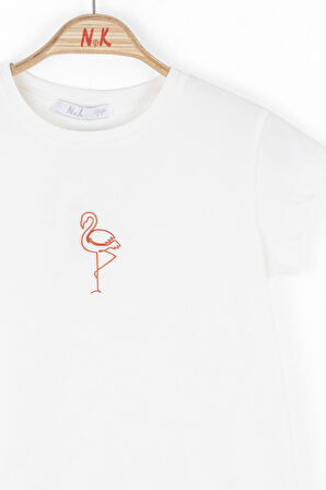 Nk Kız Çocuk Flamingo Tshirt 4-8 Yaş Ekru