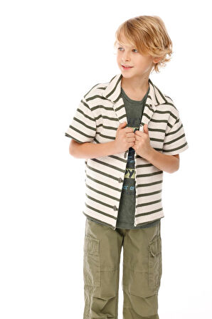 Jena Erkek Çocuk Çizgili Triko Gömlek 8-14Yaş Haki