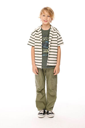 Jena Erkek Çocuk Çizgili Triko Gömlek 8-14Yaş Haki