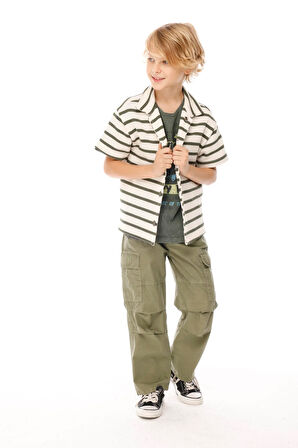 Jena Erkek Çocuk Çizgili Triko Gömlek 8-14Yaş Haki