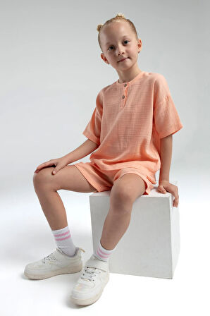 Rolypoly Kız Çocuk Müslin Şortlu Takım 2-8 Yaş Somon