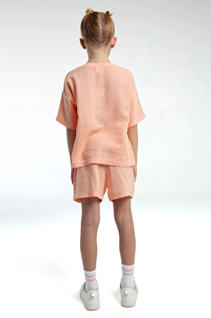 Rolypoly Kız Çocuk Müslin Şortlu Takım 2-8 Yaş Somon