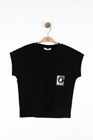 Nk Kız Çocuk Asimetrik Cepli Tshirt 8-14 Yaş Siyah