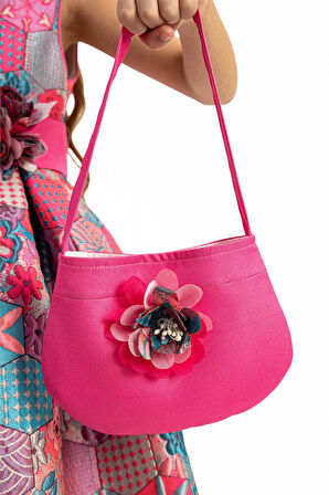 Pamina Kız Çocuk Jakar Desenli Çantalı Elbise 3-7 Yaş Pembe