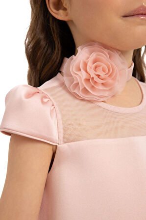 Pamina Kız Çocuk Çiçekli Chokerli Elbise 3-7 Yaş Pudra