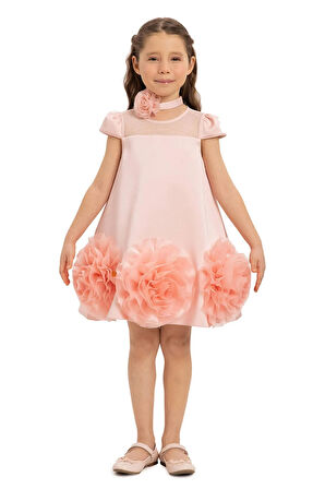 Pamina Kız Çocuk Çiçekli Chokerli Elbise 3-7 Yaş Pudra