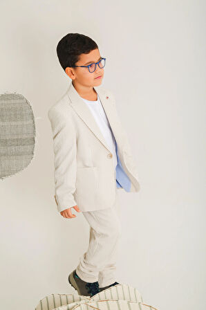 Nanica Erkek Çocuk Çizgili 3'lü Takım Elbise 9-14 Yaş Bej