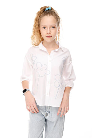 Jena Kız Çocuk Çiçek Nakışlı Gömlek 3-8 Yaş Mavi