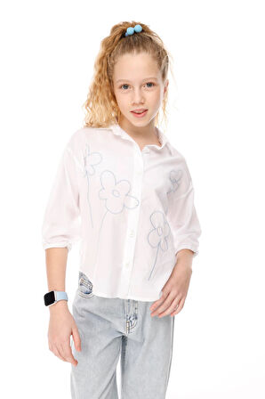 Jena Kız Çocuk Çiçek Nakışlı Gömlek 3-8 Yaş Mavi