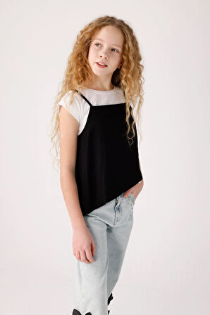 Jena Kız Çocuk İkili Asimetrik Tshirt 3-8 Yaş Beyaz