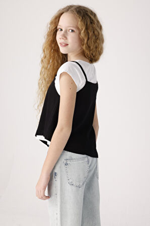 Jena Kız Çocuk İkili Asimetrik Tshirt 3-8 Yaş Beyaz