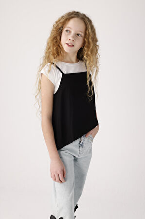 Jena Kız Çocuk İkili Asimetrik Tshirt 3-8 Yaş Beyaz