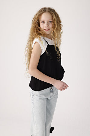 Jena Kız Çocuk İkili Asimetrik Tshirt 3-8 Yaş Beyaz