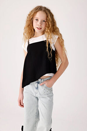 Jena Kız Çocuk İkili Asimetrik Tshirt 3-8 Yaş Beyaz