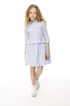Jena Kız Çocuk Çizgili Taşlı Elbise 3-8 Yaş Mavi