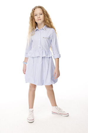 Jena Kız Çocuk Çizgili Taşlı Elbise 3-8 Yaş Mavi