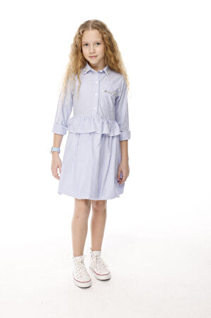 Jena Kız Çocuk Çizgili Taşlı Elbise 3-8 Yaş Mavi