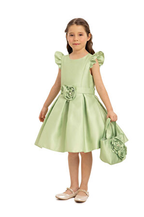 Pamina Kız Çocuk Çicekli Çantalı Abiye Elbise 3-7 Yaş Yeşil