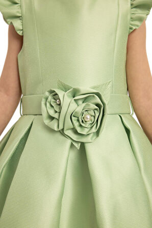 Pamina Kız Çocuk Çicekli Çantalı Abiye Elbise 3-7 Yaş Yeşil