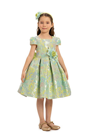 Pamina Kız Çocuk Çiçekli Saç Aksesuarı Elbise 3-7 Yaş Yeşil