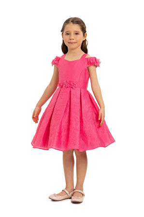Pamina Kız Çocuk Çiçek Jakarlı Elbise 3-7 Yaş Fuşya