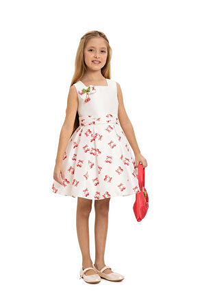 Pamina Kız Çocuk Kiraz Baskı Çantalı Elbise 3-7 Yaş Ekru