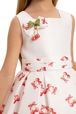 Pamina Kız Çocuk Kiraz Baskı Çantalı Elbise 3-7 Yaş Ekru
