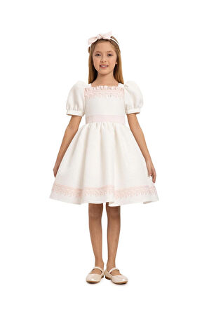 Pamina Kız Çocuk Saç Aksesuarlı Elbise 3-7 Yaş Ekru