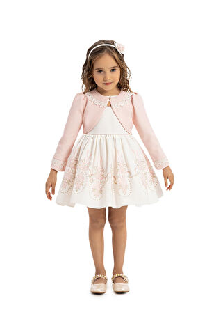 Pamina Kız Bebek Bolero ve Saç Aksesuarı Elbise 6-24 Ay Pudra