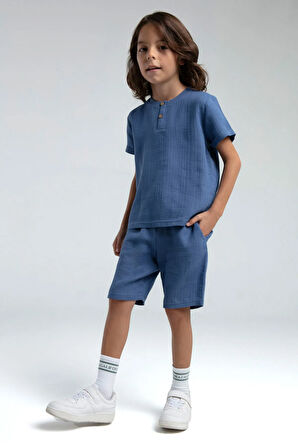 Rolypoly Erkek Çocuk Müslin Şortlu Takım 2-8 Yaş İndigo