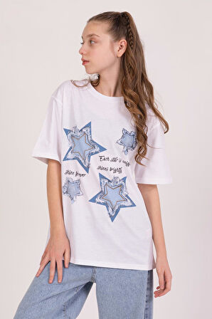 Dmb Kız Çocuk Yıldızlı Tshirt 9-14 Yaş Beyaz