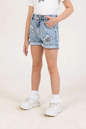 Dmb Kız Çocuk Yıldızlı Denim Şort 4-9 Yaş Mavi