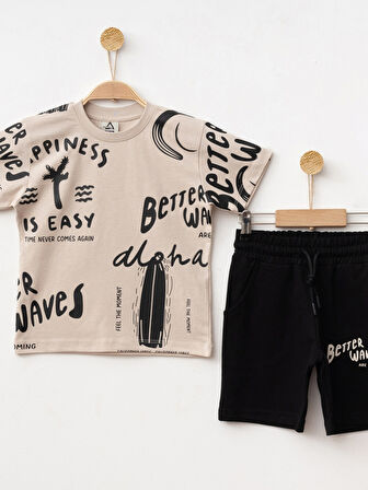 Marcoera Erkek Çocuk Baskılı Şortlu Takım 4-12 Yaş Bej