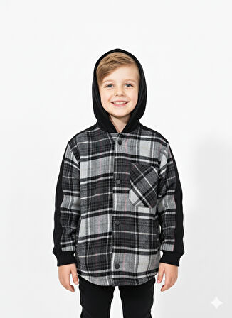 Jena Erkek Çocuk Ekose Kapüşonlu Gömlek 3-14 Yaş Siyah