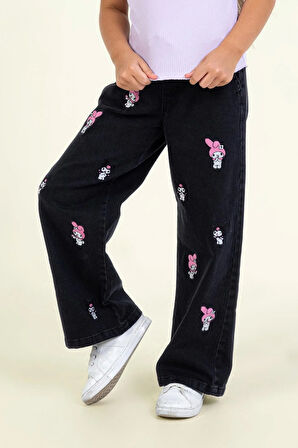 Dmb Kız Çocuk Kromi Nakışlı Denim Pantolon 4-9 Yaş Siyah