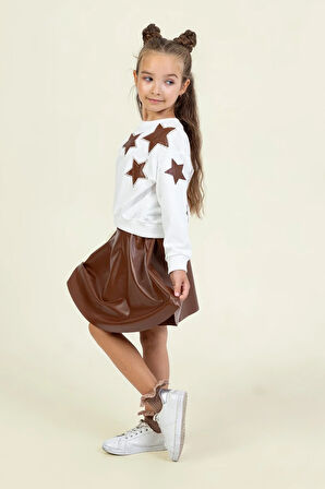 Dmb Kız Çocuk Deri Etekli Takım 4-9 Yaş Kahverengi